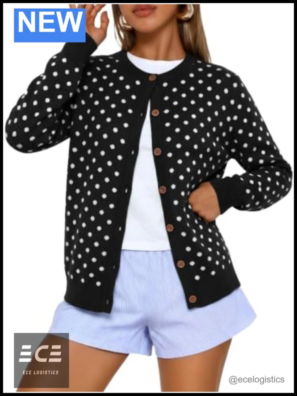 Womens Polka Dot Button Down Cardigan Long Sleeve Crewneck Knit Sweater